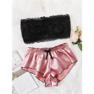 Small & Medium Floral Lace Bandeau Bralette With Satin Shorts
